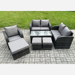 Fimous Rattan Outdoor Garden Furniture Sofa Set Patio Table & Chairs Set with 3 Footstools Dark Grey Mixed