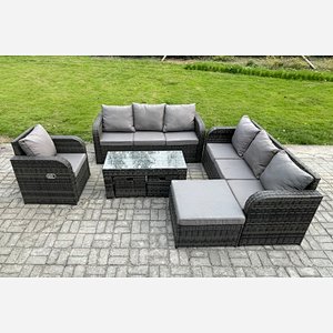 Fimous 10 Seater Outdoor Lounge Sofa Set Rattan Garden Furniture Set with Rectangular Coffee Table 3 Footstools 3 Seater Sofa Dark Grey Mixed
