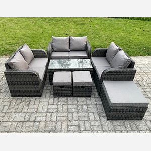 Fimous Outdoor Garden Furniture Sets 7 Pieces Wicker Rattan Furniture Sofa Sets with Rectangular Coffee Table Love seat Sofa 3 Footstools