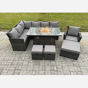 Fimous 10 Seater Outdoor Rattan Garden Furniture Set Corner Sofa Gas Fire Pit Dining Table Sets Gas Heater with 3 Footstools Armchair Dark Grey Mixed