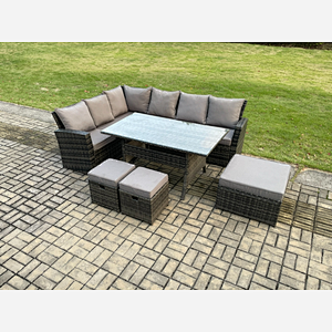 Fimous 9 Seater Garden Rattan Furniture Corner Dining Set with 3 Footstools Indoor Outdoor Lounge Sofa Set Dark Grey Mixed