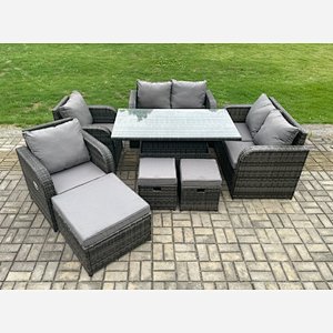 Fimous PE Rattan Garden Furniture Set Height Adjustable Rising lifting Dining Table With Love Sofa Chair 3 Footstools