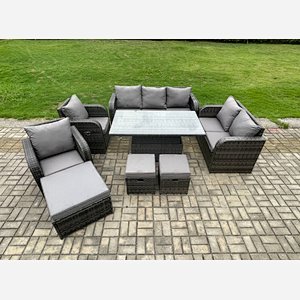 Fimous Wicker PE Rattan Outdoor Garden Furniture Sets Height Adjustable Rising lifting Dining Table Reclining Chair Sofa Set with 3 Footstools Dark Grey Mixed