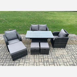 Fimous Wicker PE Rattan Furniture Garden Dining Set Outdoor Height Adjustable Rising lifting Table Love Sofa Chair With 3 Stools