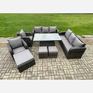 Fimous Wicker PE Rattan Outdoor Garden Furniture Sets Height Adjustable Rising lifting DiningTable Sofa Set with Reclining Chair 3 Footstools Dark Grey Mixed