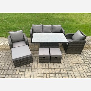 Fimous Outdoor Rattan Furniture Garden Dining Sets Height Adjustable Rising lifting Table and Chair Set With  Lounge Sofa 3 Footstools