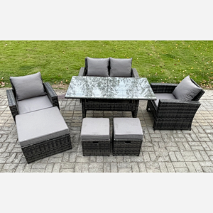 Fimous 7 Seater PE Wicker Outdoor Garden Furniture Set Patio Furniture Rattan Rectangular Dining Table Lounge Sofa with 3 Footstools