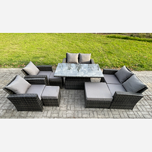 Fimous Outdoor Garden Furniture Sets 8 Pieces Wicker Rattan Furniture Sofa Dining Table Set with 3 Footstools Dark Grey Mixed
