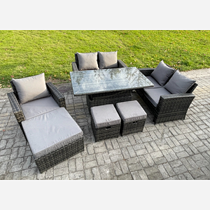 Fimous Outdoor Rattan Patio Furniture Set Garden Lounge Sofa Set with Rising Lifting Table 3 Footstools Dark Grey Mixed