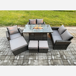 Fimous 8 Seater Rattan Outdoor Garden Furniture Gas Fire Pit Table Sets Gas Heater with Love Sofa Armchair 3 Footstools Dark Mixed Grey