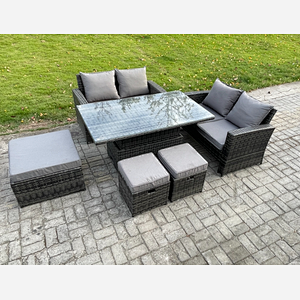 Fimous 7 Seater Wicker Rattan Garden Furniture Rising Table Set with 3 Footstool Double Seat Sofa Dark Grey Mixed