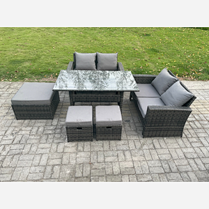 Fimous 7 Seater High Back  Outdoor Garden Furniture Rattan Sofa Dining Table Set with 3 Footstools Dark Grey Mixed
