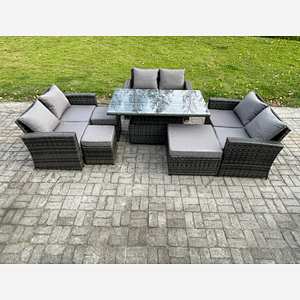 Fimous Wicker PE Rattan Garden Furniture Set Height Adjustable Rising Lifting Table Sofa Dining Set with Double Seat Sofa 3 Footstools Dark Grey Mixed