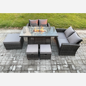 Fimous 7 Seater Rattan Garden Furniture Set Outdoor Lounge Sofa Chair Gas Fire Pit Dining Table Set With 3 Footstools Double Seat Sofa