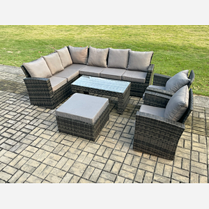 Fimous Outdoor Furniture Garden Dining Set Rattan Corner Sofa Set with 2 Armchairs Big Footstool Dark Grey Mixed