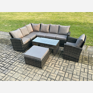 Fimous 8 Seat Rattan Garden Furniture Corner Sofa Set Outdoor Patio Sofa Chair Table Set with Big Footstool Dark Grey Mixed