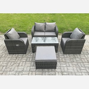 Fimous Outdoor Lounge Sofa Set Rattan Garden Furniture Set with Rectangular Coffee Table Big Footstool Love Sofa Dark Grey Mixed