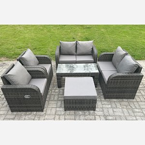 Fimous Rattan Garden Furniture Set with Rectangular Coffee Table Big Footstool 7 Seater Patio Outdoor Lounge Sofa Set