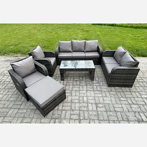 Fimous 8 Seater Outdoor Rattan Garden Furniture Set Patio Lounge Sofa Set with Rectangular Coffee Table Big Footstool Dark Grey Mixed