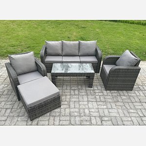 Fimous Wicker PE Rattan Garden Furniture Set Outdoor Lounge Sofa Set with Reclining Chair Coffee Table Big Footstool Dark Grey Mixed