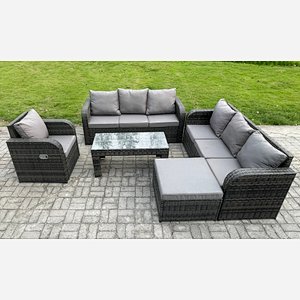 Fimous 8 Seater Wicker PE Rattan Sofa Set Outdoor Patio Garden Furniture Set with Reclining Chairs Coffee Table Big Footstool Dark Grey Mixed