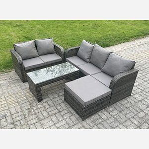 Fimous Outdoor Rattan Garden Furniture Set Patio Lounge Sofa Set with Rectangular Coffee Table Big Footstool Dark Grey Mixed