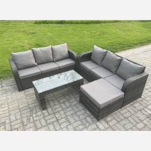 Fimous Outdoor Lounge Sofa Set Rattan Garden Furniture Set with Rectangular Coffee Table Big Footstool 3 Seater Sofa Dark Grey Mixed