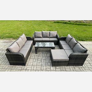 Fimous Outdoor Lounge Sofa Set 10 Seater Rattan Garden Furniture Set with Rectangular Coffee Table Big Footstool 3 Seater Sofa Dark Grey Mixed