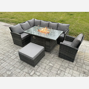 Fimous Rattan Garden Furniture High Back Corner Sofa Gas Fire Pit Dining Table Sets Gas Heater with Armchair Big Footstool 8 Seater Dark Grey Mixed