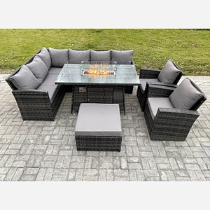 Fimous 9 Seater Outdoor Rattan Garden Furniture Set Corner Sofa Gas Fire Pit Dining Table Sets Gas Heater with Big Footstool 2 Armchair Dark Grey Mixed