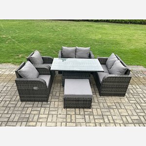 Fimous Rattan Furniture Outdoor Garden Dining Set Patio Height Adjustable Rising lifting Table Love Sofa Chair With Big Footstool