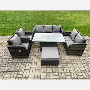 Fimous Rattan Outdoor Garden Furniture Sets Height Adjustable Rising lifting Dining Table Reclining Chair Sofa Set with Big Footstool Dark Grey Mixed