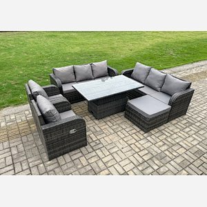 Fimous 9 Seater PE Rattan Outdoor Garden Furniture Sets Height Adjustable Rising lifting DiningTable Sofa Set with Reclining Chair Side Table Dark Grey Mixed