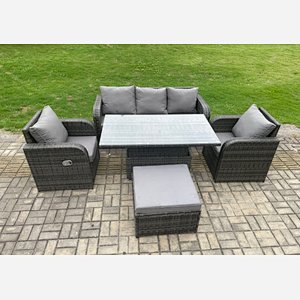 Fimous 6 Seater Rattan Outdoor Garden Furniture Sets Height Adjustable Rising lifting Dining Table Lounge Sofa Set With Big Footstool Dark Grey Mixed