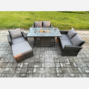 Fimous Rattan Outdoor Garden Furniture Gas Fire Pit Table Sets Gas Heater with Double Seat Sofa Armchair Big Footstool 6 Seater Dark Mixed Grey
