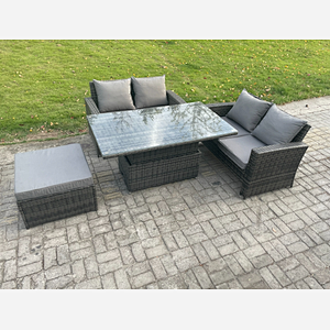 Fimous 4 Pieces Garden Furniture Sets Poly Rattan Outdoor Patio Height Adjustable Rising Lifting Table Sofa Dining Set with Big Footstool