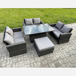 Fimous 7 Seater Rattan Wicker Garden Furniture Patio Conservatory Sofa Set with Height Adjustable Rising Lifting Table Double Seat Sofa Big Footstool