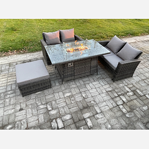 Fimous 4 Pieces Garden Furniture Sets Poly Rattan Outdoor Patio Gas Firepit Dining Table Sofa Set with Big Footstool