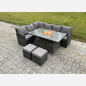 Fimous Rattan Garden Furniture High Back Corner Sofa Gas Fire Pit Dining Table Sets Gas Heater with 2 Small Footstools 8 Seater Dark Grey Mixed