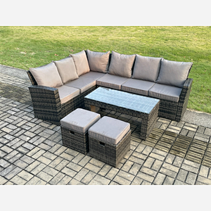 Fimous 8 Seat Rattan Garden Furniture Corner Sofa Set Outdoor Patio Sofa Table Set with 2 Small Footstools Dark Grey Mixed