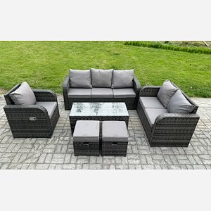 Fimous 8 Seater High Back Rattan Garden Furniture Set with Loveseat Sofa Rectangular Coffee Table 2 Small Footstools Indoor Outdoor Patio Lounge Sofa Set Dark Grey Mixed