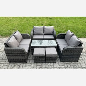 Fimous Outdoor Garden Furniture Sets 6 Pieces Wicker Rattan Furniture Sofa Sets with Rectangular Coffee Table Love seat Sofa 2 Small Footstools