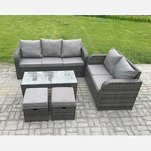 Fimous 7 Seater Outdoor Rattan Garden Furniture Set with Patio Lounge Sofa Set with Rectangular Coffee Table 2 Small Footstools Dark Grey Mixed