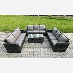 Fimous 11 Seater Rattan Garden Furniture Set Indoor Outdoor Patio Sofa Set with Coffee Table 2 Small Footstools Dark Grey Mixed
