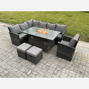 Fimous Rattan Garden Furniture High Back Corner Sofa Gas Fire Pit Dining Table Sets Gas Heater with Armchair 2 Small Footstools 9 Seater Dark Grey Mixed