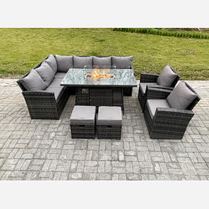 Fimous 10 Seater Rattan Garden Furniture High Back Corner Sofa Gas Fire Pit Dining Table Sets Gas Heater with Armchair 2 Small Footstools Dark Grey Mixed