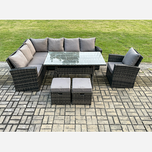 Fimous 9 Seater Garden Rattan Furniture Corner Dining Set with 2 Small Footstools Armchair Indoor Outdoor Lounge Sofa Set