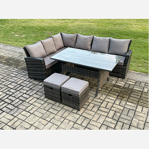 Fimous 8 Seater Garden Rattan Furniture Corner Dining Set with 2 Small Footstools Indoor Outdoor Lounge Sofa Set