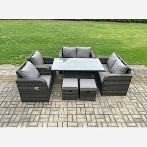 Fimous Wicker PE Rattan Furniture Garden Dining Set Outdoor Height Adjustable Rising lifting Table Love Sofa Chairs With Footstools