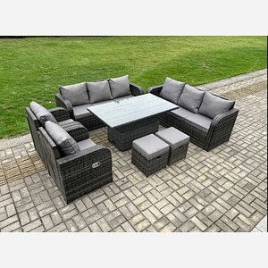 Fimous Rattan Outdoor Garden Furniture Sets Height Adjustable Rising lifting DiningTable Sofa Set with Reclining Chair 2 Small Footstools Dark Grey Mixed